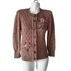 Vtg Y2k Handmade Knit Brown Cardigan Beaded Floral Sweater Womens Large Acrylic